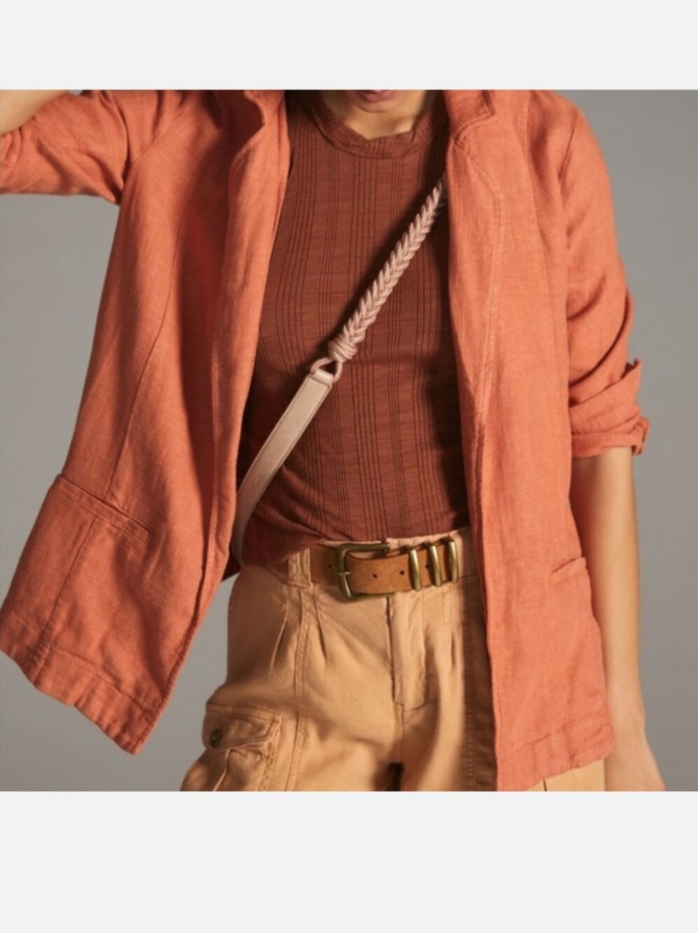 Anthropologie Open-Front Linen-Blend Blazer Jacket in Rust Orange Size 8 NWOT